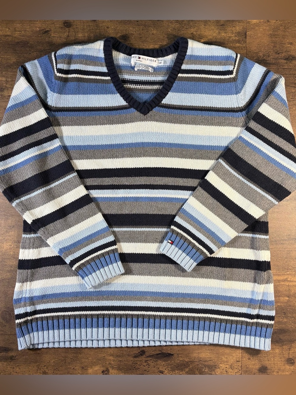 Tmy Hilfiger VTG Striped V-Neck Sweater XL Y2K Varsity Prep Gilmore Girl Coastal